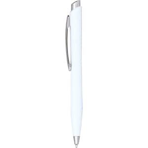 A white ballpoint pen with a silver clip, featuring a smooth click-action mechanism and a minimalist design.