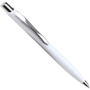 A white ballpoint pen with a silver clip and a smooth barrel design, featuring a logo on its side.