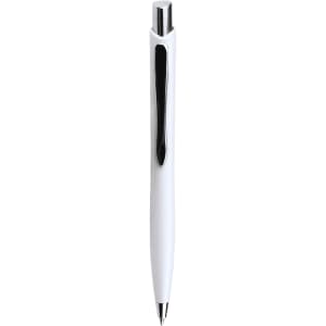 A ballpoint pen in white with a black clip and a chrome tip, featuring a branding logo.