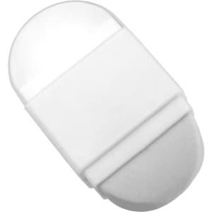A white pencil sharpener with a built-in eraser, featuring a smooth, rounded design and a simple branding logo.