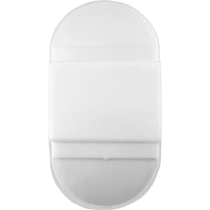 A white pencil sharpener with an eraser feature, compact and oval-shaped, includes a simple design.