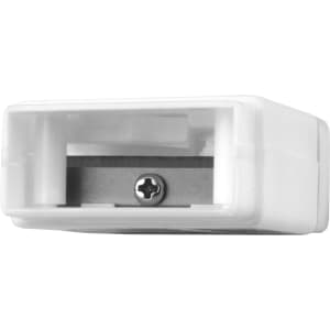 A pencil sharpener with an eraser, featuring a white body and a metallic sharpener blade. It has a logo on the side.