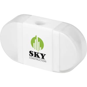 A pencil sharpener with an eraser, featuring a white body and a logo.