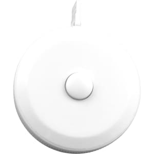 A white 1.5m tape measure with a round casing and a push-button mechanism. It features a logo on the casing.