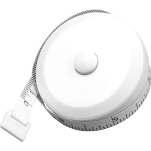 A white 1.5m tape measure with a retractable mechanism and a printed measurement scale. It has a circular design.