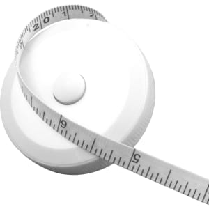 A white 1.5m tape measure coiled with a measurement scale visible on the tape.