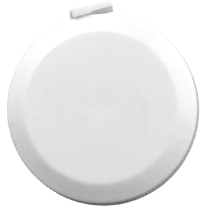 A white, round tape measure with a retractable design and a small latch on top. It has a smooth, glossy finish.