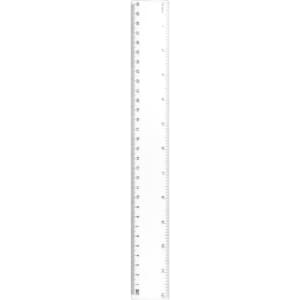 A transparent 30cm ruler with measurement markings in millimetres and centimetres. It features a logo at one end.