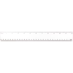 A 30cm clear plastic ruler with metric measurement markings and a branding logo.