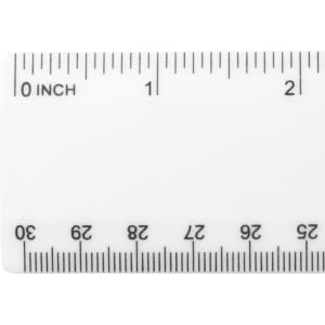 A 30cm ruler in white with black metric and imperial measurements and a branding logo.