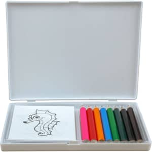 A colouring set in a white box containing colourful pencils and a sketch of a seahorse.