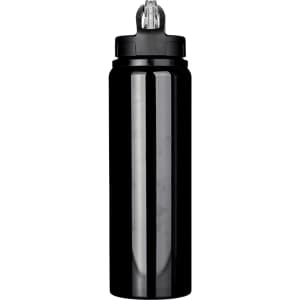 A drink bottle made of recycled stainless steel, featuring a sleek black finish and a black lid with a spout.