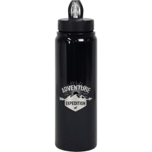 A drink bottle in matte black with a screw-top lid and a logo, featuring a design related to adventure and expeditions.