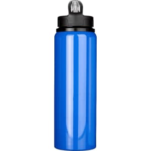 A drink bottle made of recycled stainless steel, featuring a bright blue exterior and a black lid with a spout.