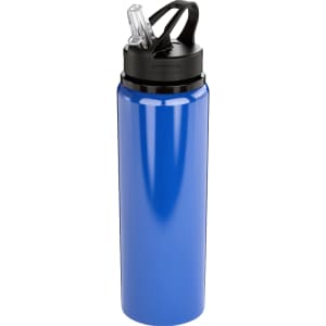 A drink bottle in vibrant blue, made of recycled stainless steel, featuring a straw and a black cap.