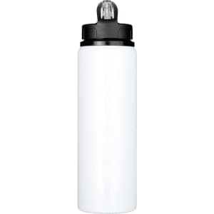 A drink bottle in white with a black lid, featuring a flip-top spout and a branding logo.
