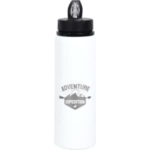 A drink bottle made of recycled stainless steel, features a white body and a black lid with a logo.