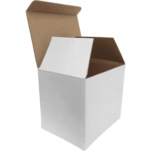 A folded box in white and brown, designed for packaging a ceramic mug.