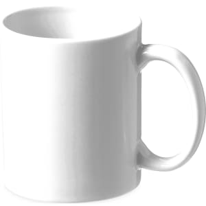 A white ceramic mug with a handle, presented in a folded box. Features a simple, clean design.