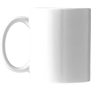 A white ceramic mug with a smooth finish and a handle, presented in a folded box.