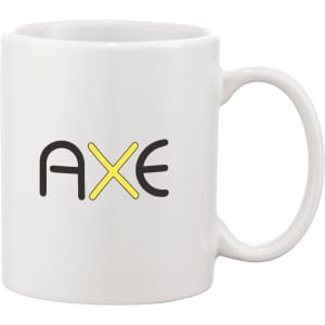 A white ceramic mug with a logo on one side, featuring black and yellow lettering.