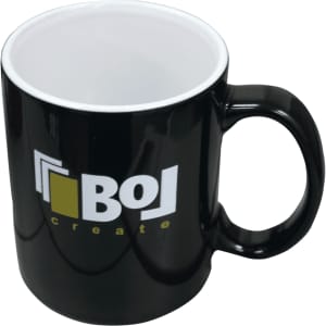 A black ceramic mug with a glossy finish and a logo on the side, presented without packaging.