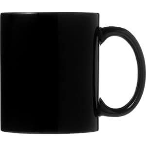 A black ceramic coffee mug, 325ml size, presented in a folded box and featuring a logo.