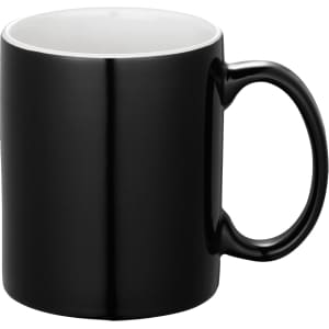 A black ceramic mug with a glossy finish, featuring a handle and presented without a box.