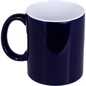 A navy blue ceramic mug with a white interior, featuring a handle and a glossy finish.