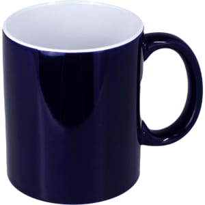 A ceramic mug in navy blue with a white interior, featuring a handle. It is displayed without packaging.