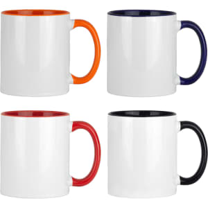 Four ceramic mugs in white with contrasting coloured handles and rims: orange, blue, red, and black. Each mug has a logo.