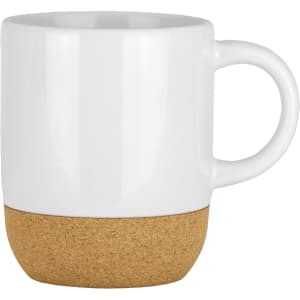 A ceramic mug in white with a cork bottom detail, featuring a handle and a sleek design.