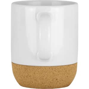 A ceramic mug with a glossy white upper and a cork textured base, featuring a handle.