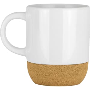 A ceramic mug featuring a glossy white body with cork details at the base. It has a comfortable handle.