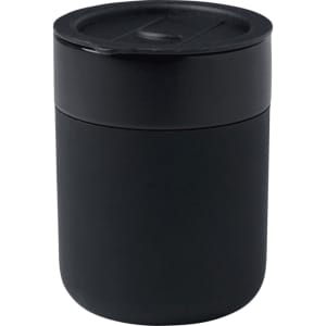 A ceramic tumbler in black, featuring a silicone wrap and a secure lid. It has a sleek, modern design.