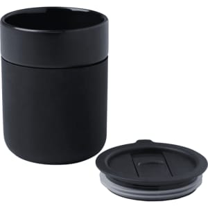 A black ceramic tumbler with a silicone wrap and a removable lid. It has a smooth finish and a modern design.