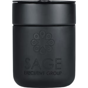 A drink bottle featuring a black ceramic tumbler with a silicone wrap and a logo on the front.