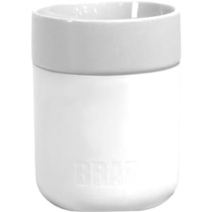 A drink bottle featuring a white ceramic body with a grey silicone wrap and a logo.