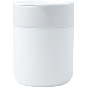 A ceramic tumbler in white with a silicone wrap, featuring a lid and a smooth, glossy finish.