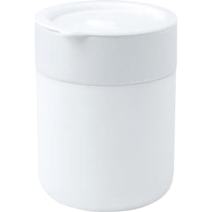 A ceramic tumbler in white with a silicone wrap, featuring a lid, suitable for beverages.