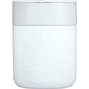 A drink bottle featuring a white ceramic design with a silicone wrap and an embossed logo.