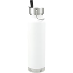 A drink bottle featuring a sleek white exterior, stainless steel accents, and a straw lid. It includes a logo.