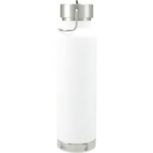 A drink bottle in white with a stainless steel lid and base, featuring a handle and a straw lid.