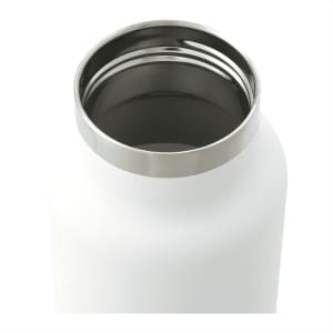 A drink bottle with a frosted white exterior and a stainless steel neck, featuring a straw lid opening.