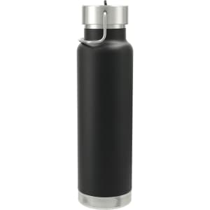A drink bottle featuring a sleek black design with a metal straw lid and a silver finish at the base.