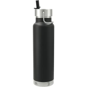 A drink bottle in matte black with a silver lid and a straw, featuring a handle for easy carrying.
