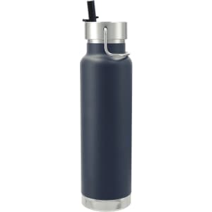 A drink bottle in navy blue with a stainless steel lid and straw, featuring a logo on the side.