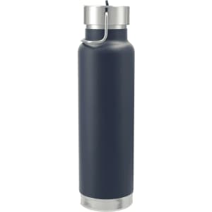 A drink bottle in navy, featuring a stainless steel base and a straw lid, with a brand logo present.