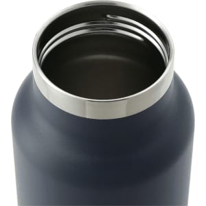 A drink bottle with a stainless steel rim and a dark navy exterior, featuring a straw lid. It has a logo on the surface.