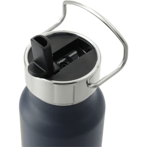 A drink bottle with a navy blue body, stainless steel lid, and a black straw lid for easy sipping.